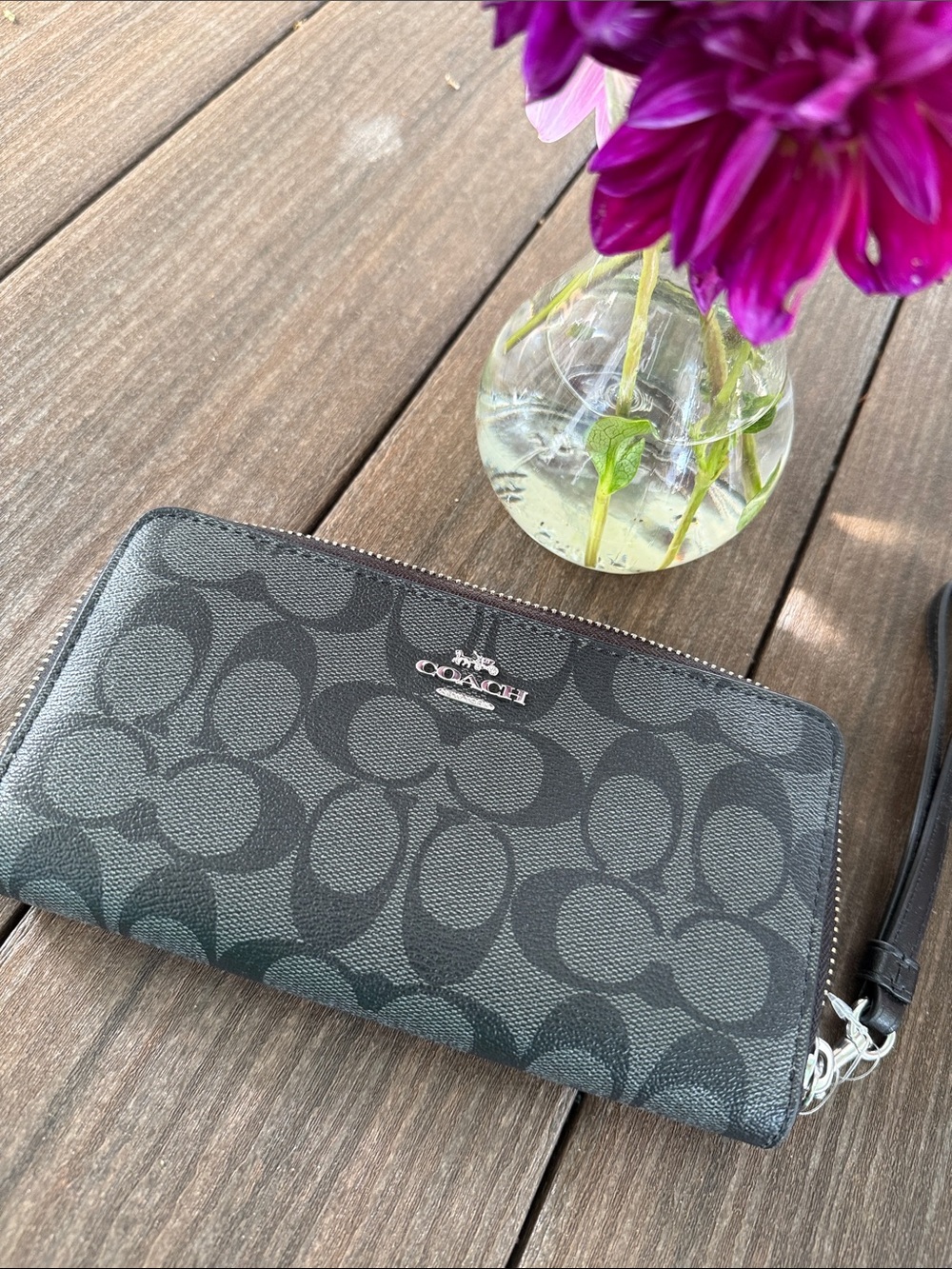 Coach Black Signature Zip-Around Wristlet